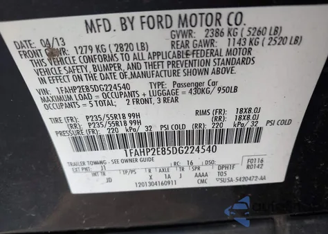 2013 Ford Taurus Sel z USA, uszkodzony, nr VIN 1FAHP2E85DG224540